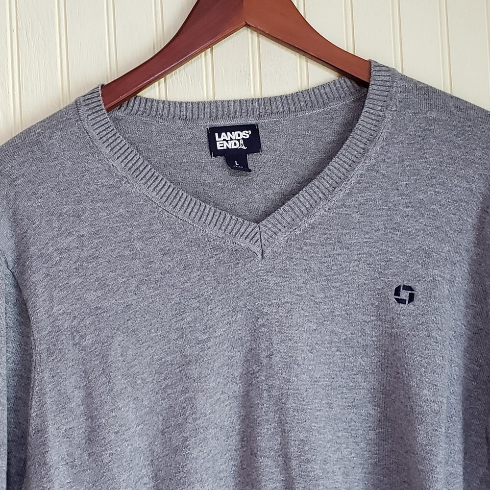 Lands' End Sweater Mens Large Gray Cotton Modal V Neck Pullover Knit Logo Casual
